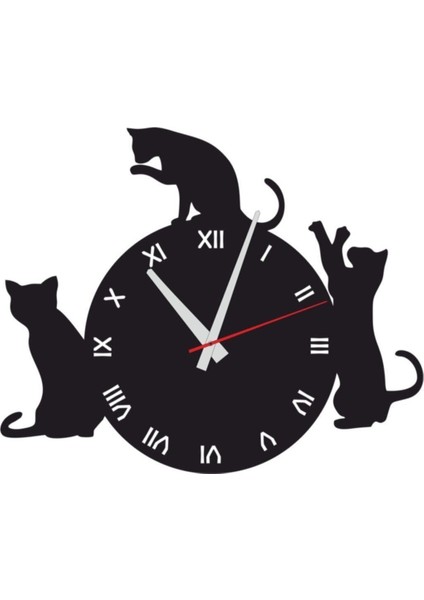 Siyah Hediyelik Ahşap Dekoratif Kedi Desenli Duvar Saati 50 cm