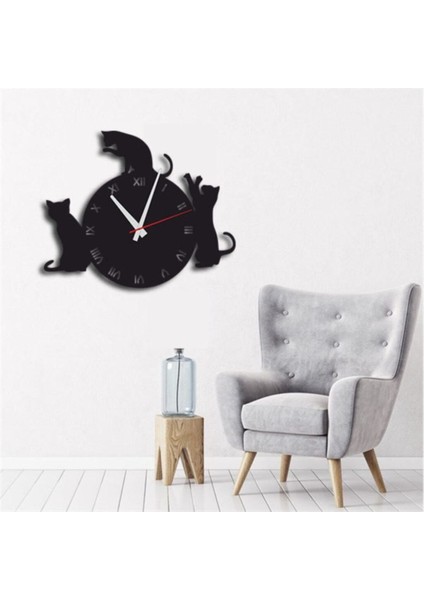 Siyah Hediyelik Ahşap Dekoratif Kedi Desenli Duvar Saati 50 cm fiyatları