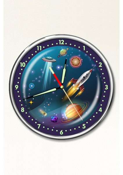 Premium Gece Parlayan Uzay ve Ufo Çocuk Odası Duvar Saati