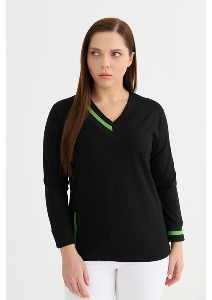 Büyük Beden Yeşil Ribanalı V Yaka Penye Bluz