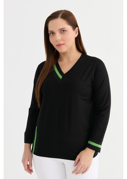 Büyük Beden Yeşil Ribanalı V Yaka Penye Bluz fiyatları