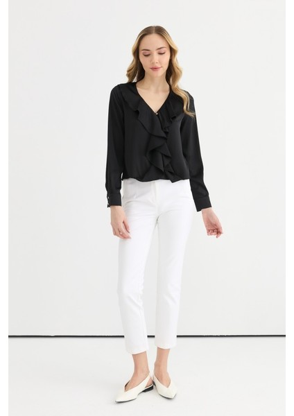 V Yaka Önü Volanlı Uzun Kol Bluz indirimleri