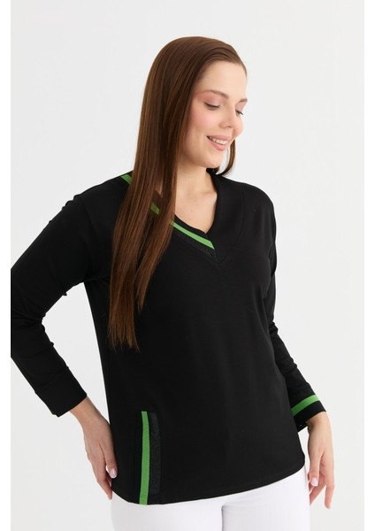 Büyük Beden Yeşil Ribanalı V Yaka Penye Bluz indirimleri