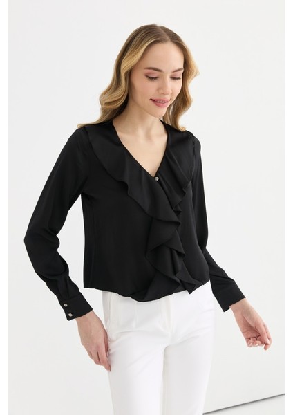 V Yaka Önü Volanlı Uzun Kol Bluz