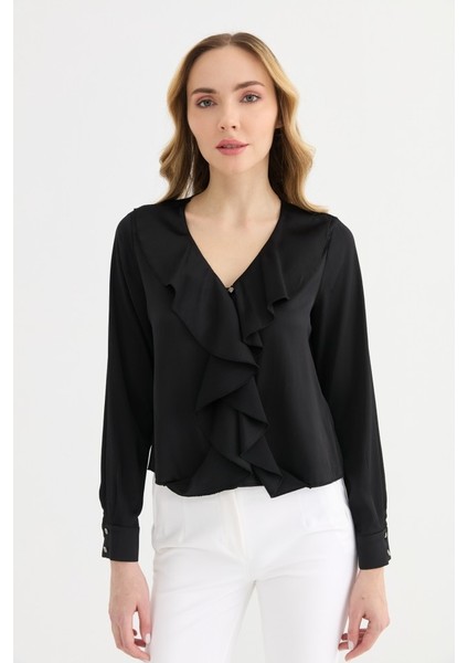 V Yaka Önü Volanlı Uzun Kol Bluz fırsatları