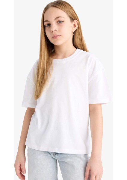 Kız Çocuk Relax Fit Bisiklet Yaka Basic Düz 2'li Kısa Kollu Tişört D9431A825SM fiyatları