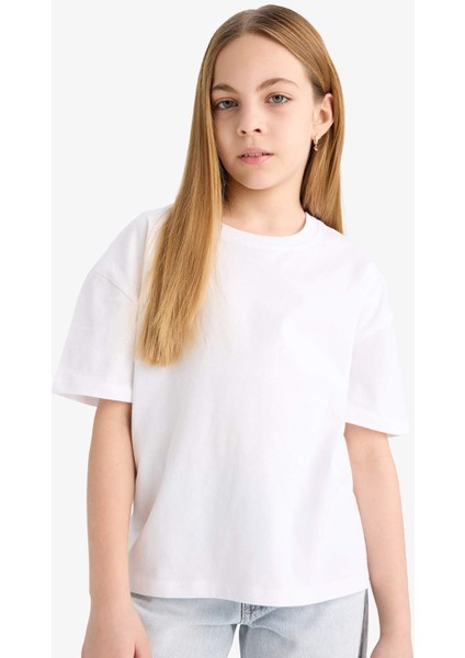 Kız Çocuk Relax Fit Bisiklet Yaka Basic Düz 2'li Kısa Kollu Tişört D9431A825SM fırsatları