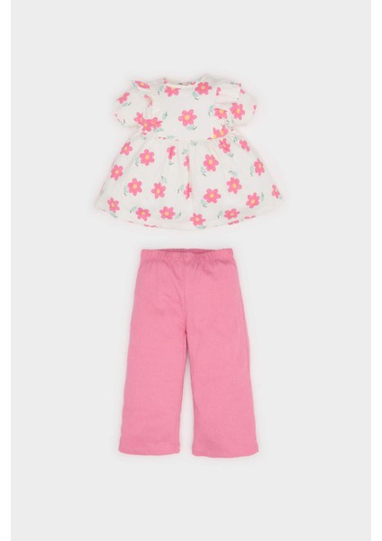 Kız Bebek 2'li Takım Çiçekli Kısa Kollu Bluz Beli Lastikli Pantolon E8441A525SM