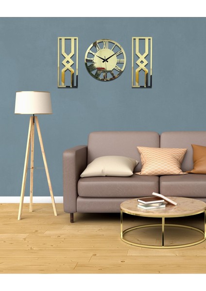3'lü Kum Saati Dekoratif Duvar Saati Tablo Saat (Altın) modelleri
