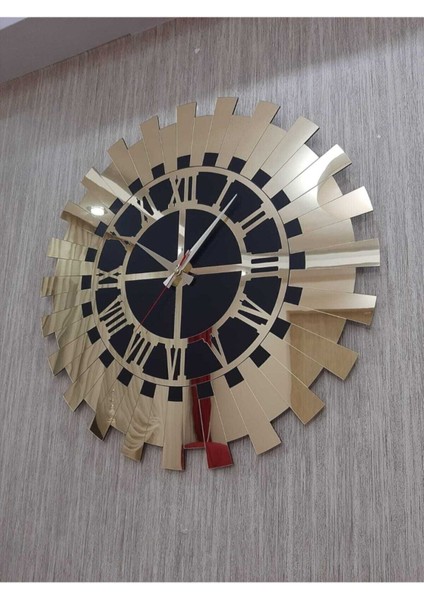 60X60 cm Altın Sarısı Güneş Model Roma Rakamlı Duvar Saati Siyah Mdf Üzeri Aynalı Pleksi fırsatları