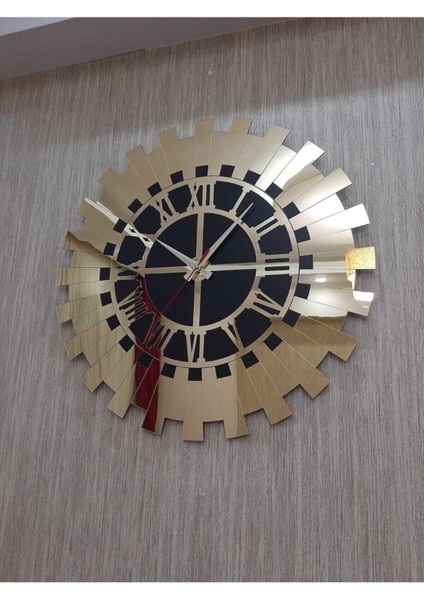 60X60 cm Altın Sarısı Güneş Model Roma Rakamlı Duvar Saati Siyah Mdf Üzeri Aynalı Pleksi indirimleri