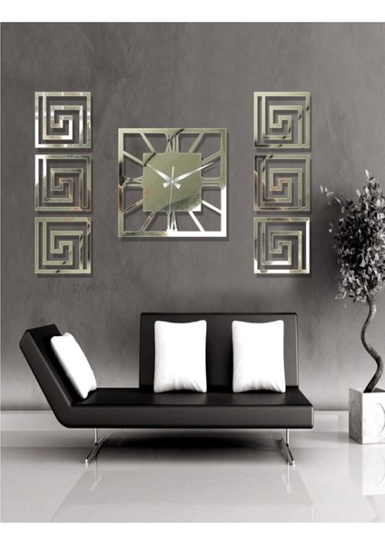 Modern Şık Dekoratif 6 Tablo + Orta Aynalı Gümüş Plexiglass Kare Saat 7 Parça Takım Özel Dizayn Set