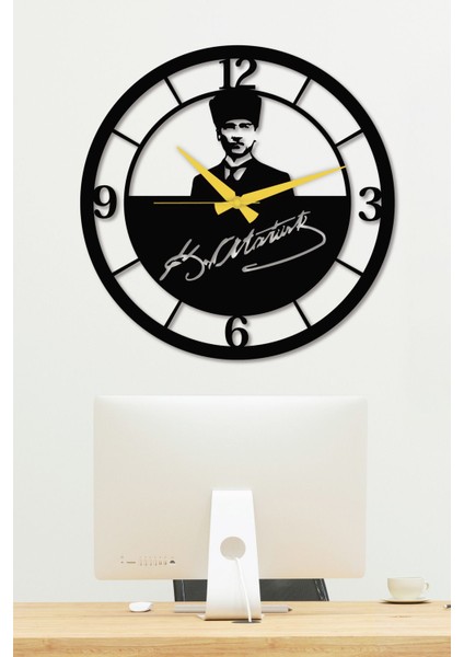 Atatürk Portreli Imzalı Siyah Metal Duvar Saati - Ev & Ofis Saati - Hediye Saat 50 x 50 cm