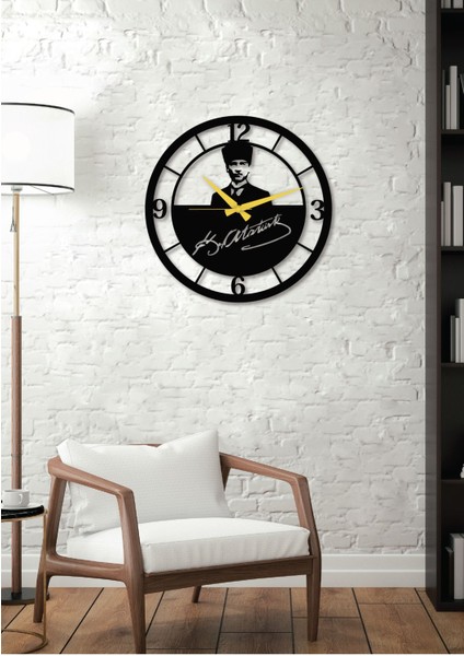 Atatürk Portreli Imzalı Siyah Metal Duvar Saati - Ev & Ofis Saati - Hediye Saat 50 x 50 cm modelleri
