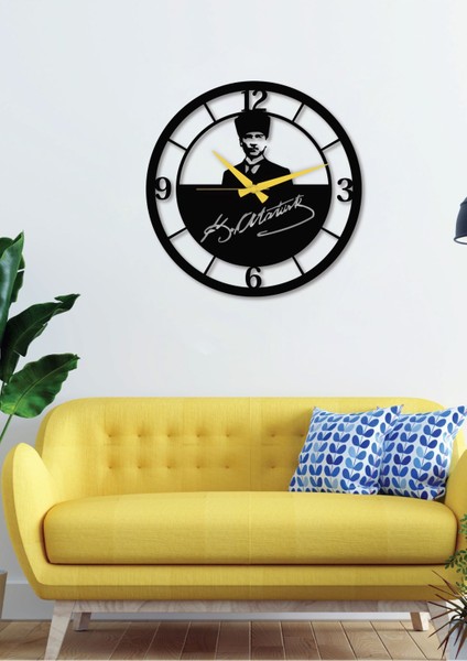 Atatürk Portreli Imzalı Siyah Metal Duvar Saati - Ev & Ofis Saati - Hediye Saat 50 x 50 cm fırsatları