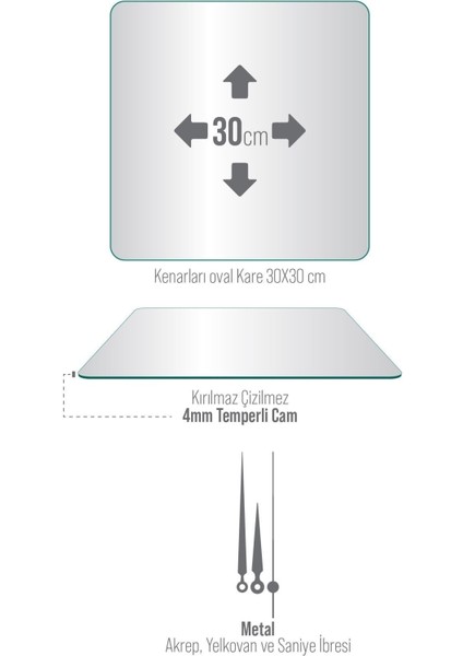 Cam Duvar Saati Kare 1016 30 x 30 cm modelleri