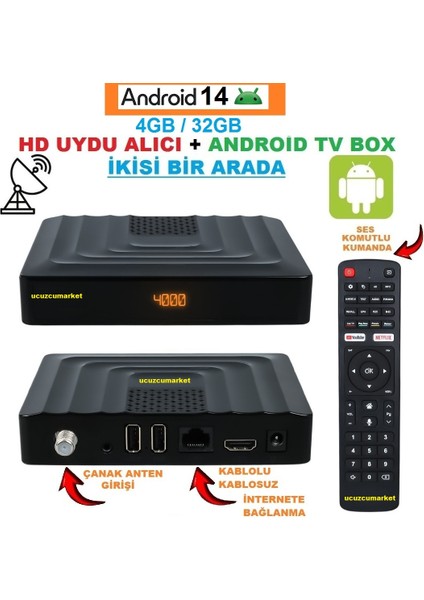 Androıd 14 4GB/32GB Tv Box + Hd Uydu Alıcı (Ikisi Bir Arada Süper Ürün)