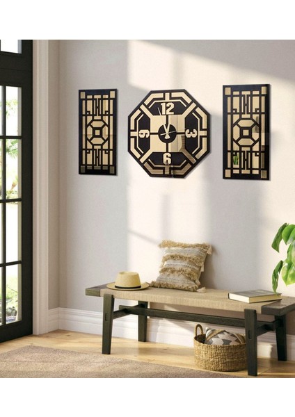 Sekizgen Gold Aynalı Pleksi 3lü Duvar Saat Seti 50X50
