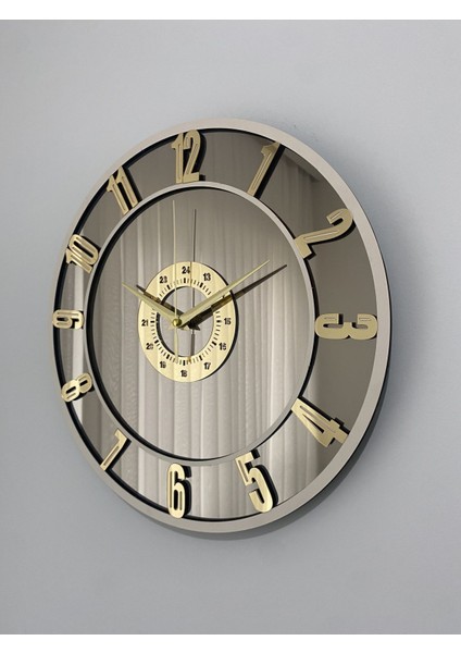 Dekoratif Aynalı Duvar Saati, Ahşap ve Pleksi Çerçeve, Gold Temalı Sessiz Akar Saat