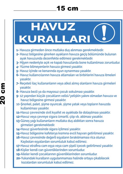 Metal Havuz Kuralları 15 cm x 20 cm Uyarı Levhası Yönlendirme Tabelası