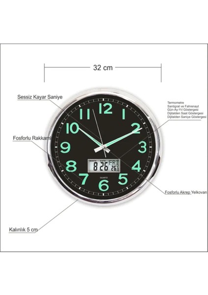 Fosforlu Termometreli Dijitalli Siyah Zeminli 32CM Duvar Saati