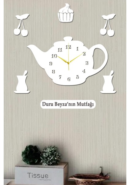 Demlik Tasarımlı Dekoratif Ahşap Mutfak Duvar Saati Kişiye Özel Büyük Boy 50X30CM