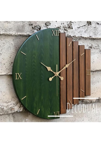 Masif Ahşap Duvar Saati 40X40CM Yağ Yeşili ve Ceviz