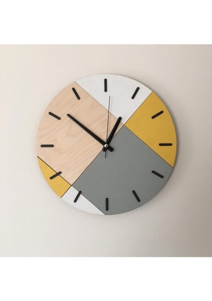Ahşap Geometrik Desenli Sarı Duvar Saati 48X48 cm
