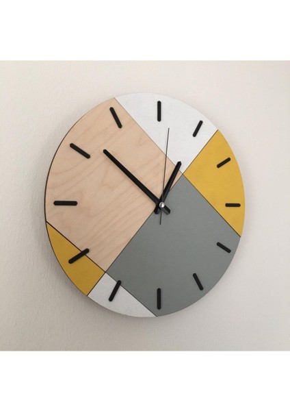Ahşap Geometrik Desenli Sarı Duvar Saati 48X48 cm modelleri