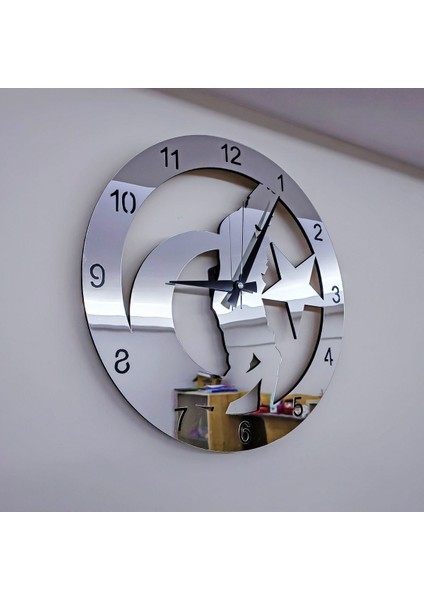 Modern Dekoratif Gümüş Aynalı Duvar Saati Atatürk Portre Yuvarlak Ahşap Gümüş 40 fırsatları