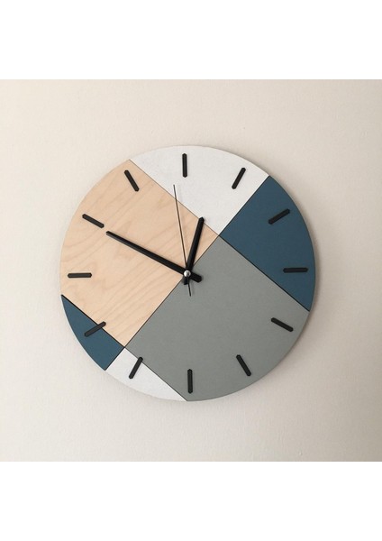 Ahşap Geometrik Desenli Mavi Duvar Saati 48X48 cm