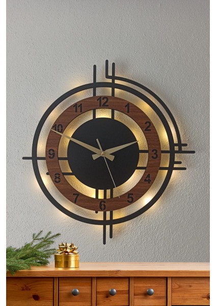 Ceviz Renkli LED Işıklı Duvar Saati | Modern ve Şık 50 cm Dekoratif Saat