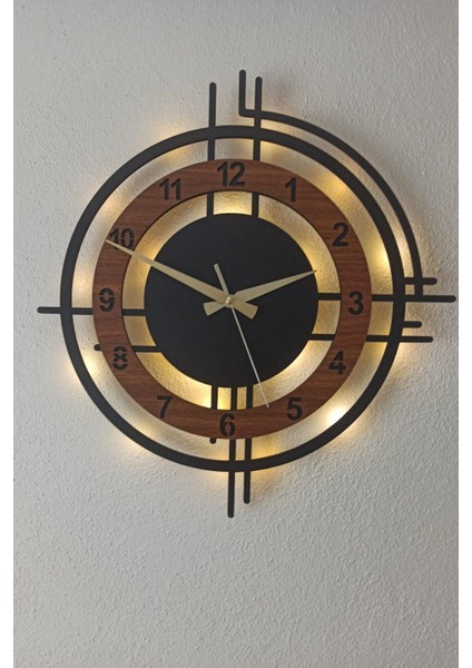 Ceviz Renkli LED Işıklı Duvar Saati | Modern ve Şık 50 cm Dekoratif Saat modelleri