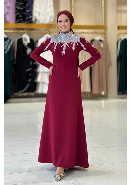 Taş Detaylı Abiye Elbise 3916 Bordo