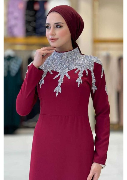 Taş Detaylı Abiye Elbise 3916 Bordo fırsatları