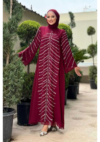 Taş Detaylı Abiye Elbise 3915 Bordo