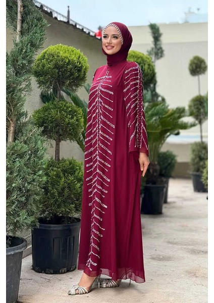 Taş Detaylı Abiye Elbise 3915 Bordo