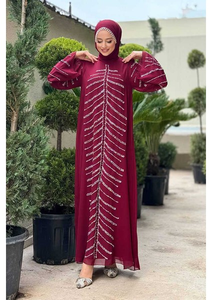 Taş Detaylı Abiye Elbise 3915 Bordo