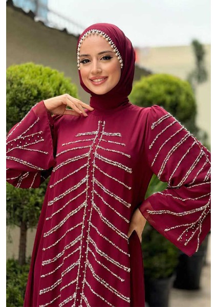 Taş Detaylı Abiye Elbise 3915 Bordo