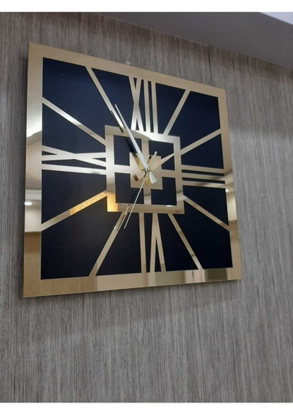 Siyah Kare Dekoratif Duvar Saati Altın Sarısı Roma Rakamlı 40X40 cm Ofis Saati