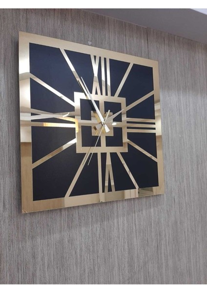 Siyah Kare Dekoratif Duvar Saati Altın Sarısı Roma Rakamlı 40X40 cm Ofis Saati modelleri
