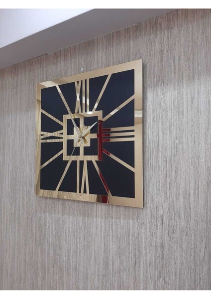 Siyah Kare Dekoratif Duvar Saati Altın Sarısı Roma Rakamlı 40X40 cm Ofis Saati indirimleri