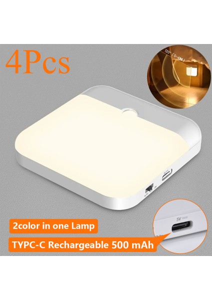Hareket Sensörlü LED Işık USB Tip-C Şarjlı Kare Lamba Yatak Odası Mutfak Merdiven Koridor Gardırop Dolap Aydınlatma Gece Lambası (Yurt Dışından)