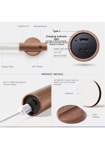 LED USB Gece Lambası Manyetik Duvar Lambası Mutfak Dolabı Dolap Işığı Ev Merdiven Yatak Odası Masa Hareket Lambası Başucu Aydınlatması (Yurt Dışından)