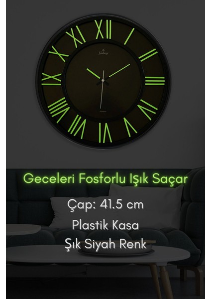 Fosforlu Gece Karanlıkta Parlayan Büyük Boy Siyah Duvar Saati Çap 41.5 cm Plastik
