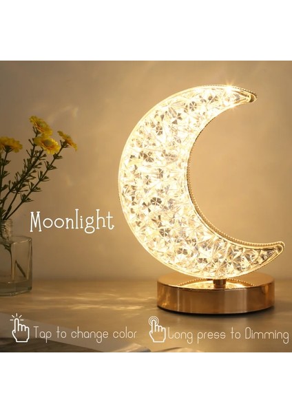Yatak Odası Kristal Dokunmatik Kısılabilir Gece Lambası Kız Odası Ev Dekoru Estetik USB Başucu LED Ortam Masası 3D Ay Lambası (Yurt Dışından)