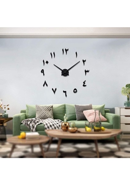 3D Dekoratif Arapça Rakamlı Yazılı Siyah Ahşap Duvar Saati
