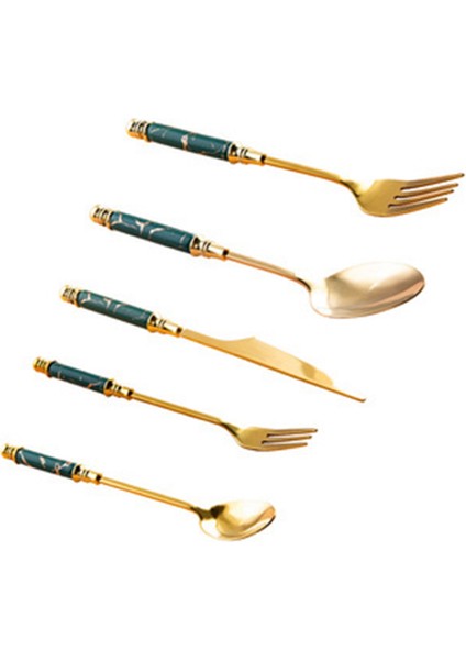 Paslanmaz Çelik Çatal Bıçak Takımı Yaratıcı Mermer Sofra Kahve Kaşığı Yeşim Meyve Çatalı Yeşil + Altın (Yurt Dışından)