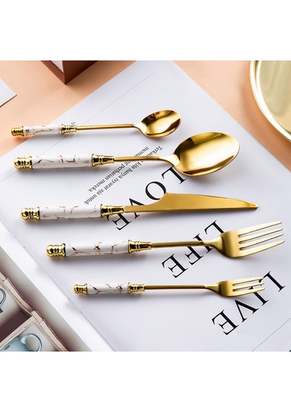 Paslanmaz Çelik Çatal Bıçak Takımı Yaratıcı Mermer Sofra Kahve Kaşığı Yeşim Meyve Çatalı Yeşil + Altın (Yurt Dışından) fiyatları