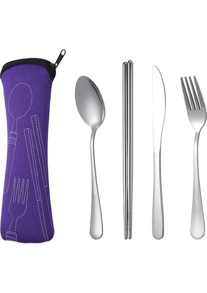 4 Parça Yemek Takımı Taşınabilir Paslanmaz Çelik Kaşık Çatal Biftek Bıçağı Seti Seyahat Çatal Bıçak Takımı Sofra Takımı Çantalı Mor (Yurt Dışından)